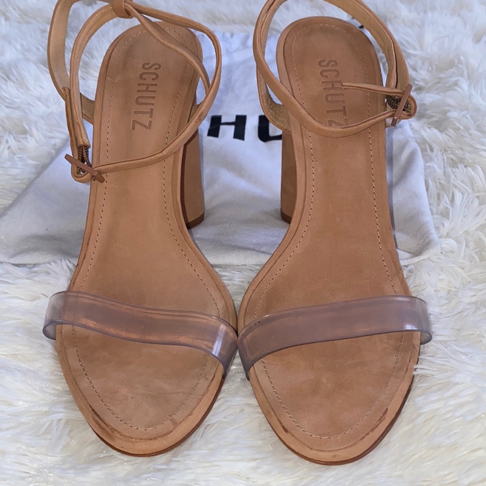 SCHUTZ Geisy Ankle Strap Nubuck Leather Heel | Toasted Nut Size 8.5B